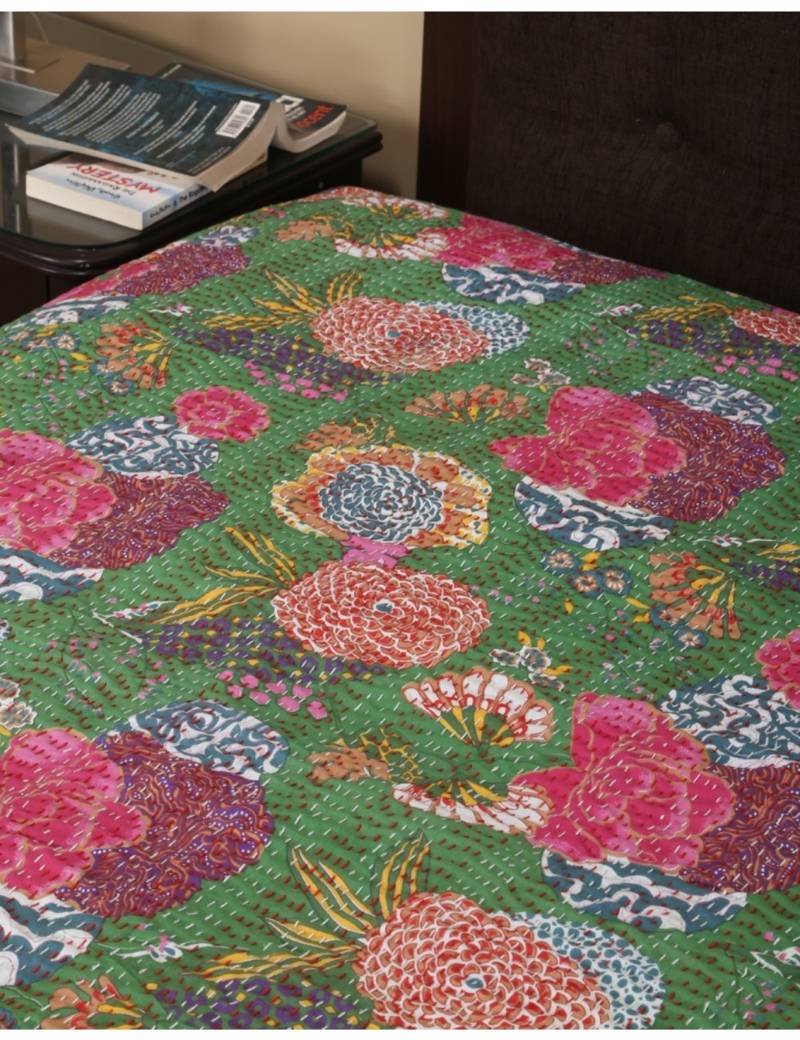 Kantha Quilt Queen Cotton Vintage Throw Blanket Multi Design Indian Handmade GDR0056