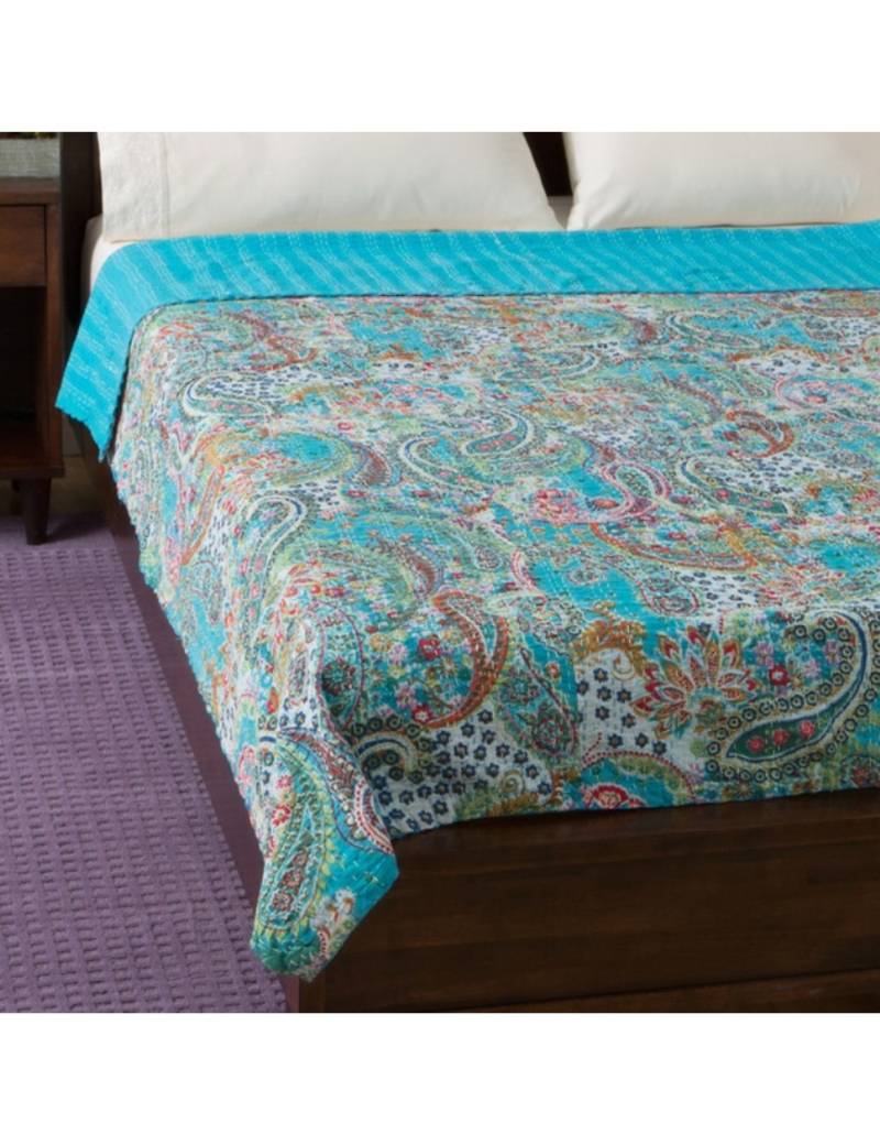 Kantha Quilt Queen Cotton Vintage Throw Blanket Multi Design Indian Handmade GDR0059