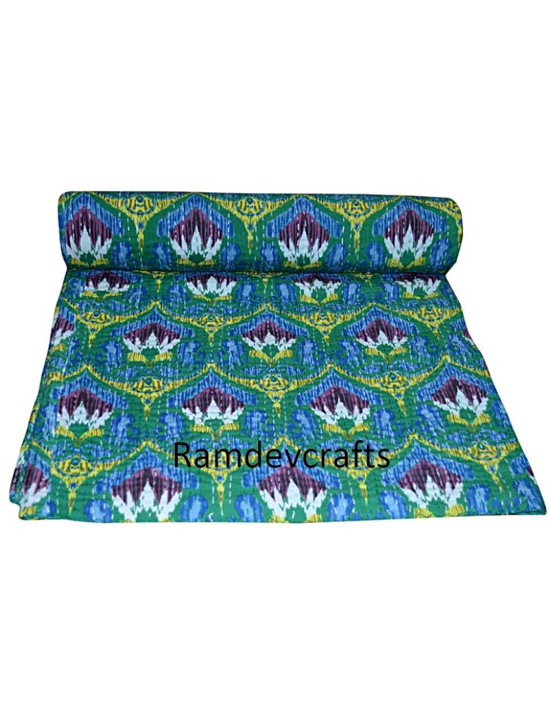 Kantha Quilt Queen Cotton Vintage Throw Blanket Multi Design Indian Handmade GDR0072