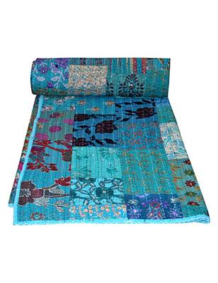 Kantha Quilt Queen Cotton Vintage Throw Blanket Multi Design Indian Handmade GDR0076 1