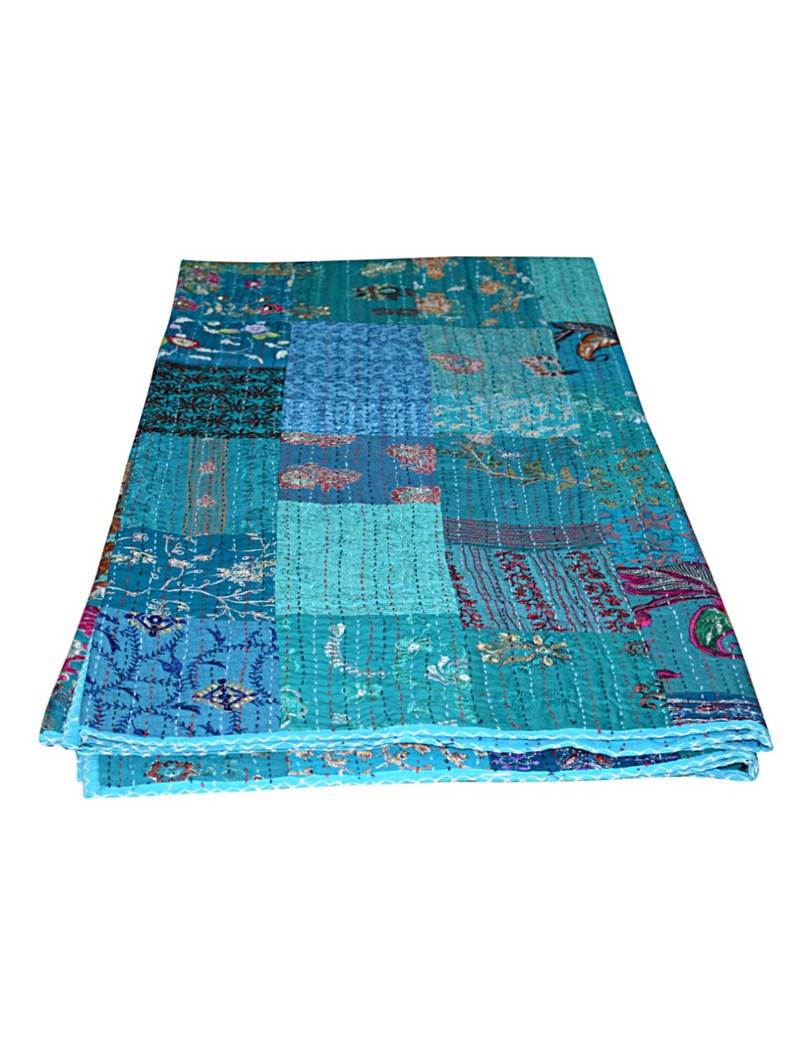 Kantha Quilt Queen Cotton Vintage Throw Blanket Multi Design Indian Handmade GDR0076