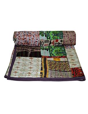 Kantha Quilt Queen Cotton Vintage Throw Blanket Multi Design Indian Handmade GDR0077 1
