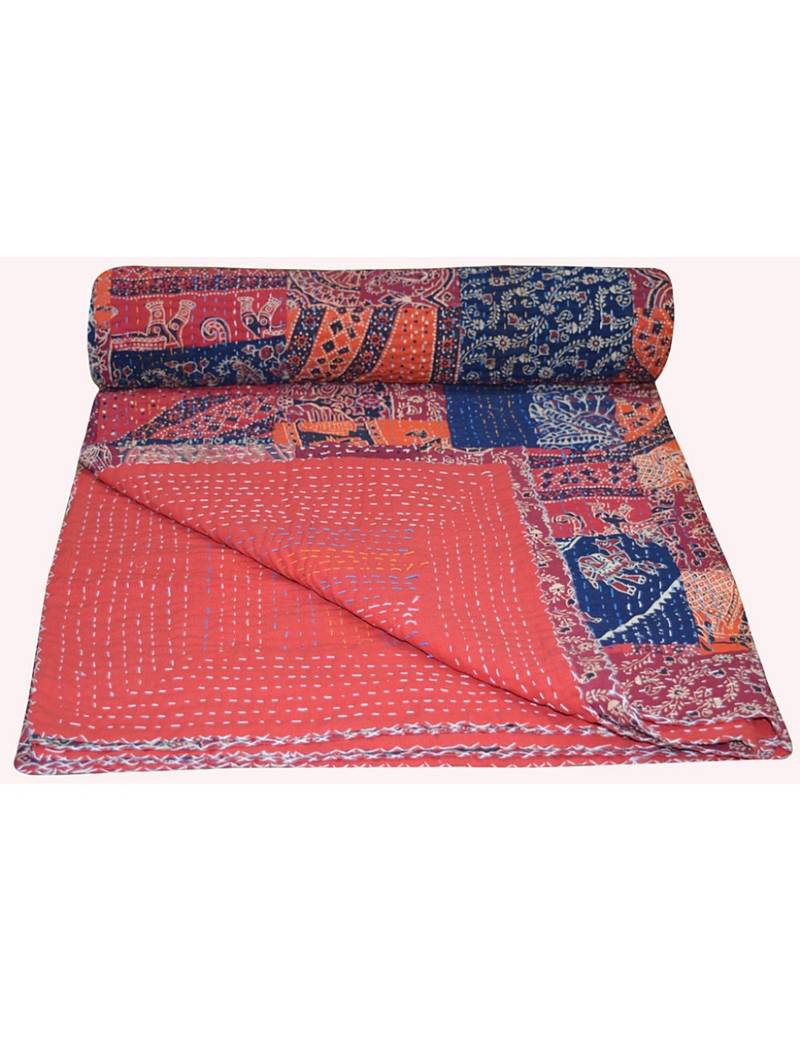 Kantha Quilt Queen Cotton Vintage Throw Blanket Multi Design Indian Handmade GDR0078