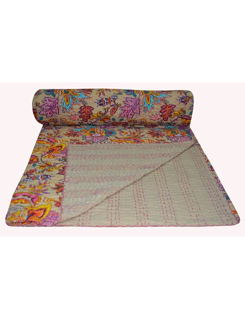 Kantha Quilt Queen Cotton Vintage Throw Blanket Multi Design Indian Handmade GDR0086