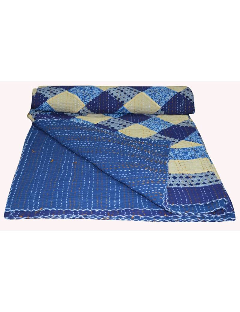 Kantha Quilt Queen Cotton Vintage Throw Blanket Multi Design Indian Handmade GDR0092