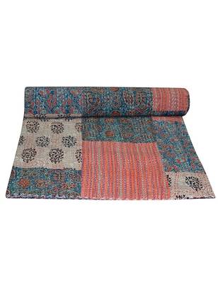 Kantha Quilt Queen Cotton Vintage Throw Blanket Multi Design Indian Handmade GDR0113 1