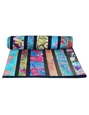 Kantha Quilt Queen Cotton Vintage Throw Blanket Multi Design Indian Handmade GDR0127 1