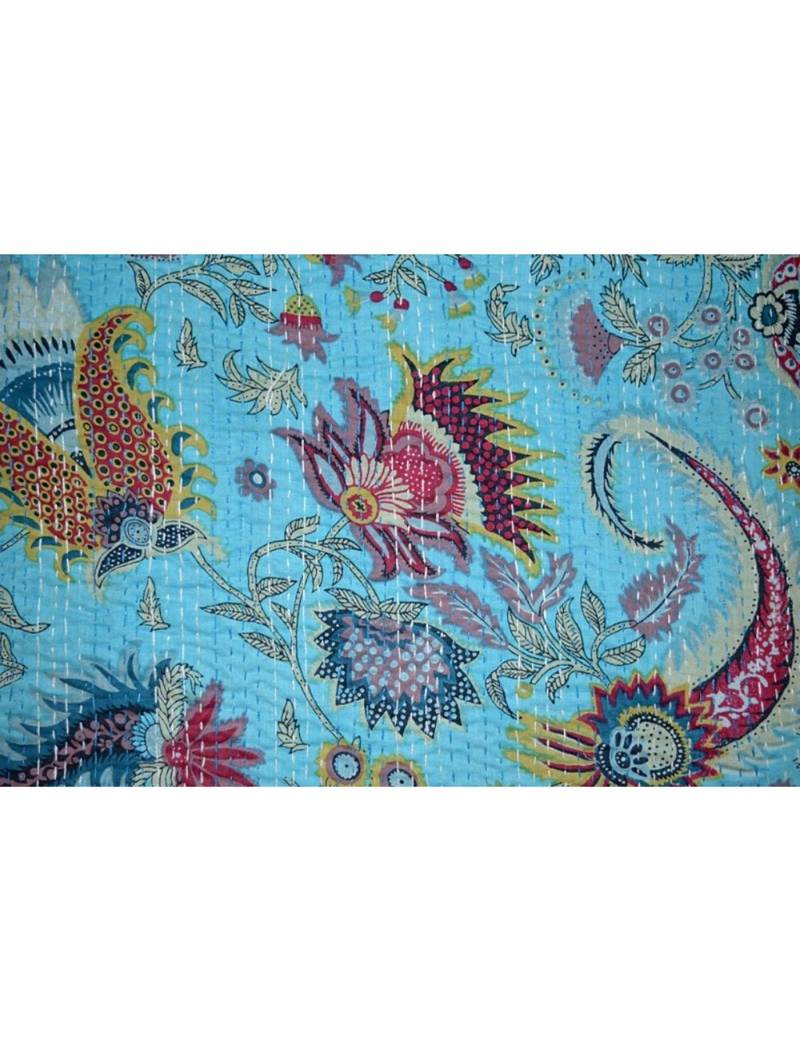 Kantha Quilt Queen Cotton Vintage Throw Blanket Multi Design Indian Handmade GDR0141