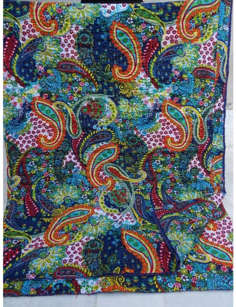 Kantha Quilt Queen Cotton Vintage Throw Blanket Multi Design Indian Handmade GDR0145