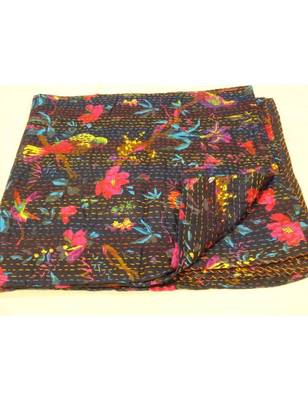 Kantha Quilt Queen Cotton Vintage Throw Blanket Multi Design Indian Handmade GDR0146 1