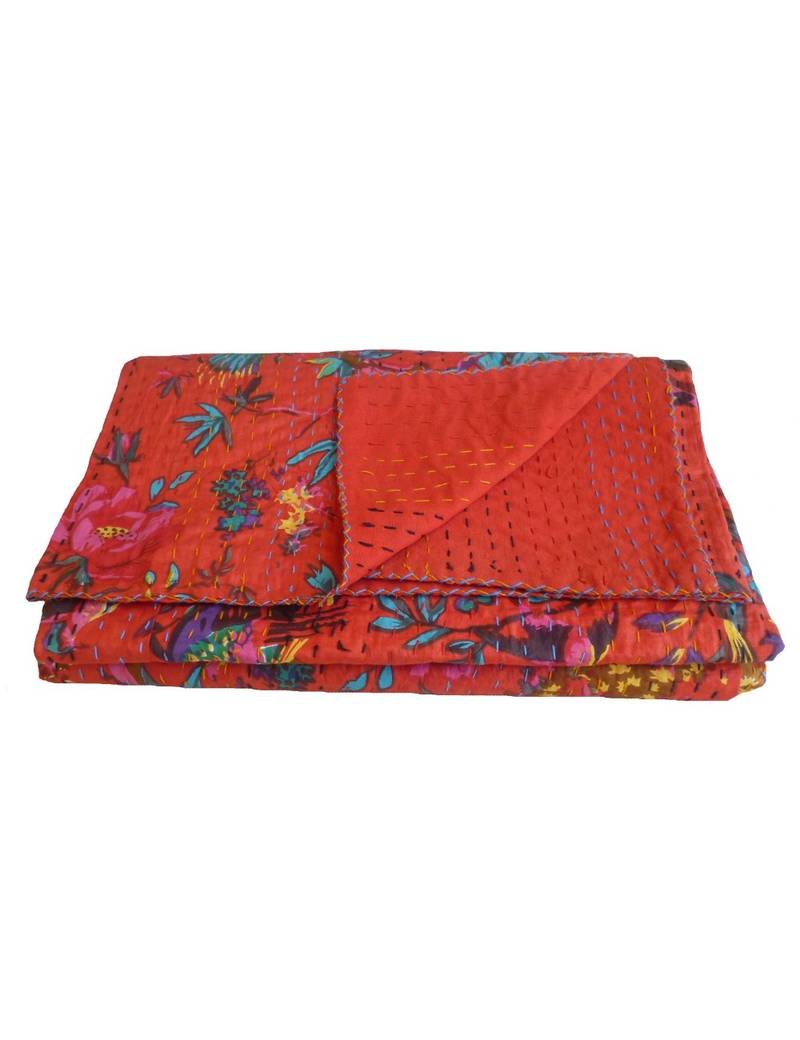 Kantha Quilt Queen Cotton Vintage Throw Blanket Multi Design Indian Handmade GDR0154