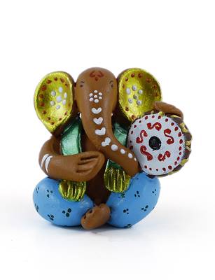 Handcrafted M Seal Art Ganesha Idol Playing Dholaki/Car Ganesh Gift Item/Showpiece 1