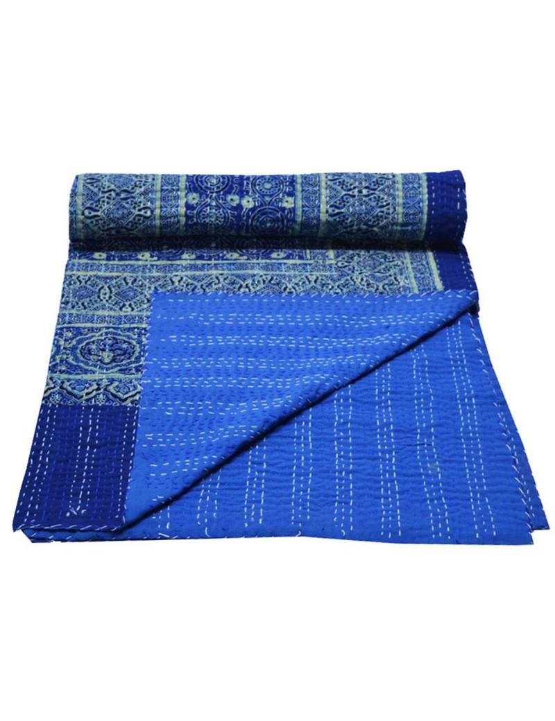 Kantha Quilt Queen Cotton Vintage Throw Blanket Multi Design Indian Handmade GDR0170