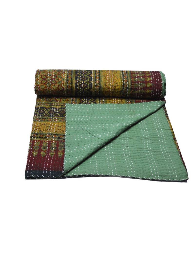 Kantha Quilt Queen Cotton Vintage Throw Blanket Multi Design Indian Handmade GDR0171