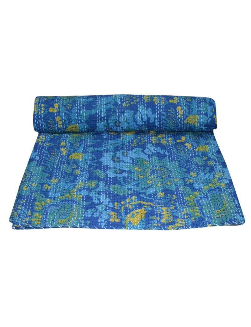 Kantha Quilt Queen Cotton Vintage Throw Blanket Multi Design Indian Handmade GDR0196