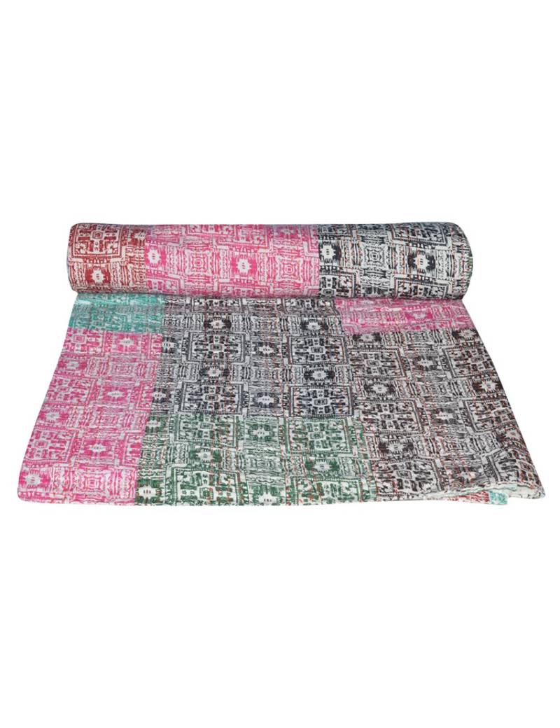 Kantha Quilt Queen Cotton Vintage Throw Blanket Multi Design Indian Handmade GDR0201