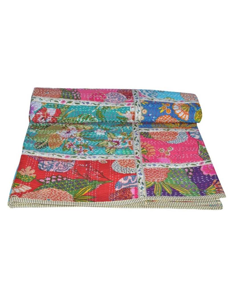 Kantha Quilt Queen Cotton Vintage Throw Blanket Multi Design Indian Handmade GDR0232