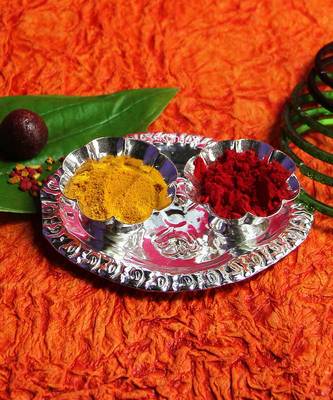 Silver Plated Haldi Kunku Karand/Kankavati/Kumkum Pooja Thali Set 3