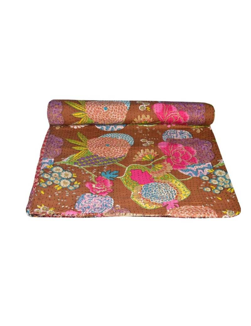 Kantha Quilt Queen Cotton Vintage Throw Blanket Multi Design Indian Handmade GDR0237