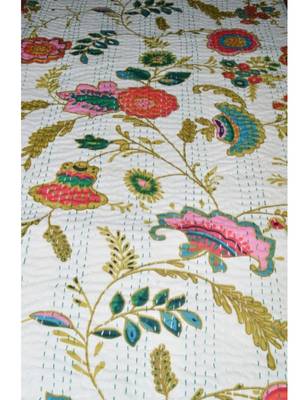 Kantha Quilt Queen Cotton Vintage Throw Blanket Multi Design Indian Handmade GDR0250 4