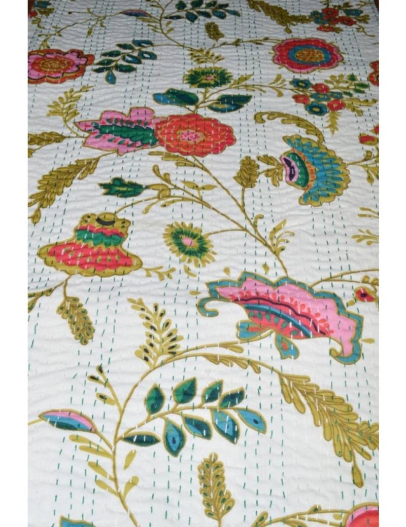 Kantha Quilt Queen Cotton Vintage Throw Blanket Multi Design Indian Handmade GDR0250