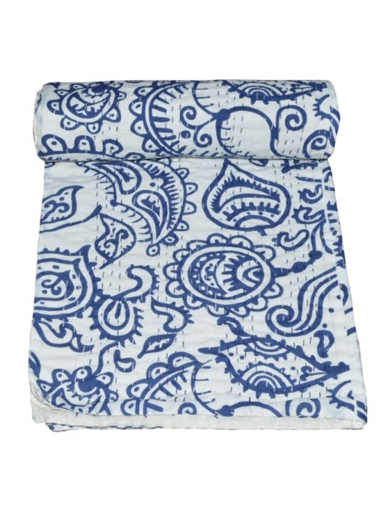 Kantha Quilt Queen Cotton Vintage Throw Blanket Multi Design Indian Handmade GDR0257