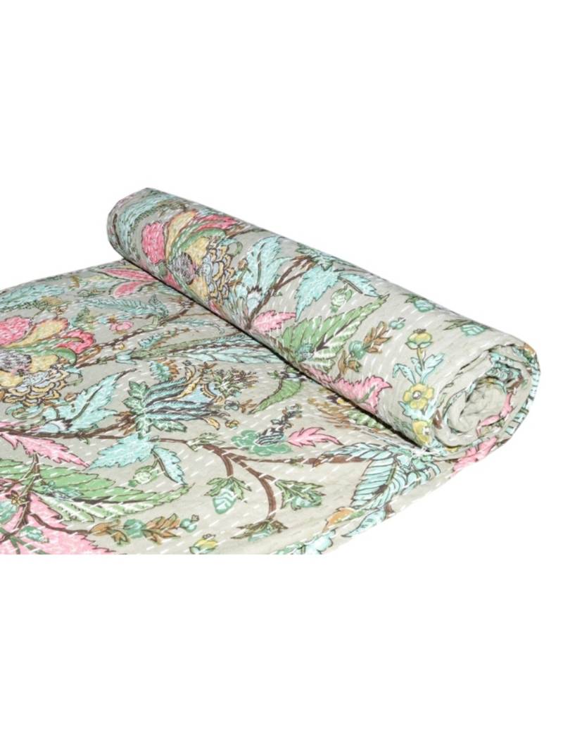 Kantha Quilt Queen Cotton Vintage Throw Blanket Multi Design Indian Handmade GDR0267