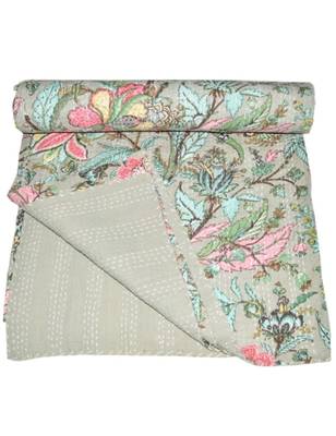 Kantha Quilt Queen Cotton Vintage Throw Blanket Multi Design Indian Handmade GDR0267 3