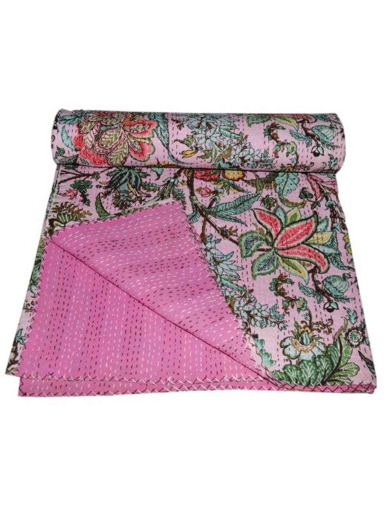 Kantha Quilt Queen Cotton Vintage Throw Blanket Multi Design Indian Handmade GDR0270