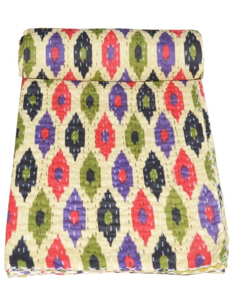 Kantha Quilt Queen Cotton Vintage Throw Blanket Multi Design Indian Handmade GDR0279