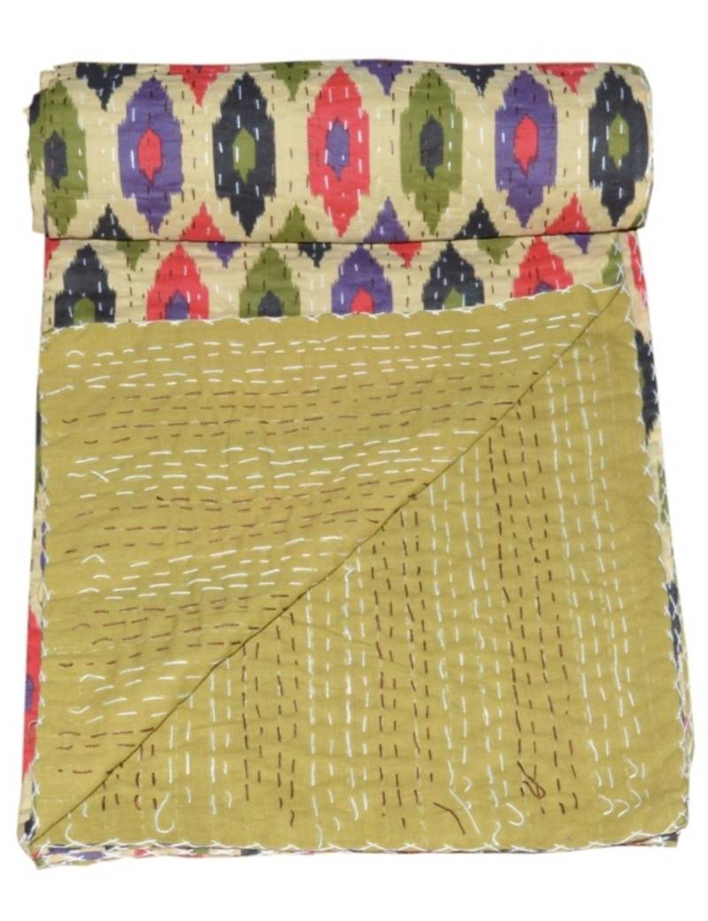 Kantha Quilt Queen Cotton Vintage Throw Blanket Multi Design Indian Handmade GDR0279