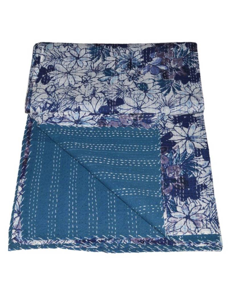 Kantha Quilt Queen Cotton Vintage Throw Blanket Multi Design Indian Handmade GDR0319