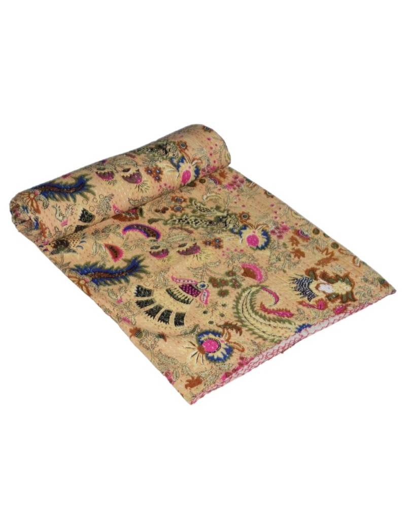 Kantha Quilt Queen Cotton Vintage Throw Blanket Multi Design Indian Handmade GDR0361