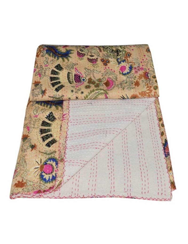 Kantha Quilt Queen Cotton Vintage Throw Blanket Multi Design Indian Handmade GDR0361