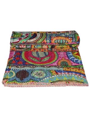 Kantha Quilt Queen Cotton Vintage Throw Blanket Multi Design Indian Handmade GDR0411 1