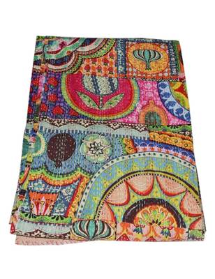 Kantha Quilt Queen Cotton Vintage Throw Blanket Multi Design Indian Handmade GDR0411 2