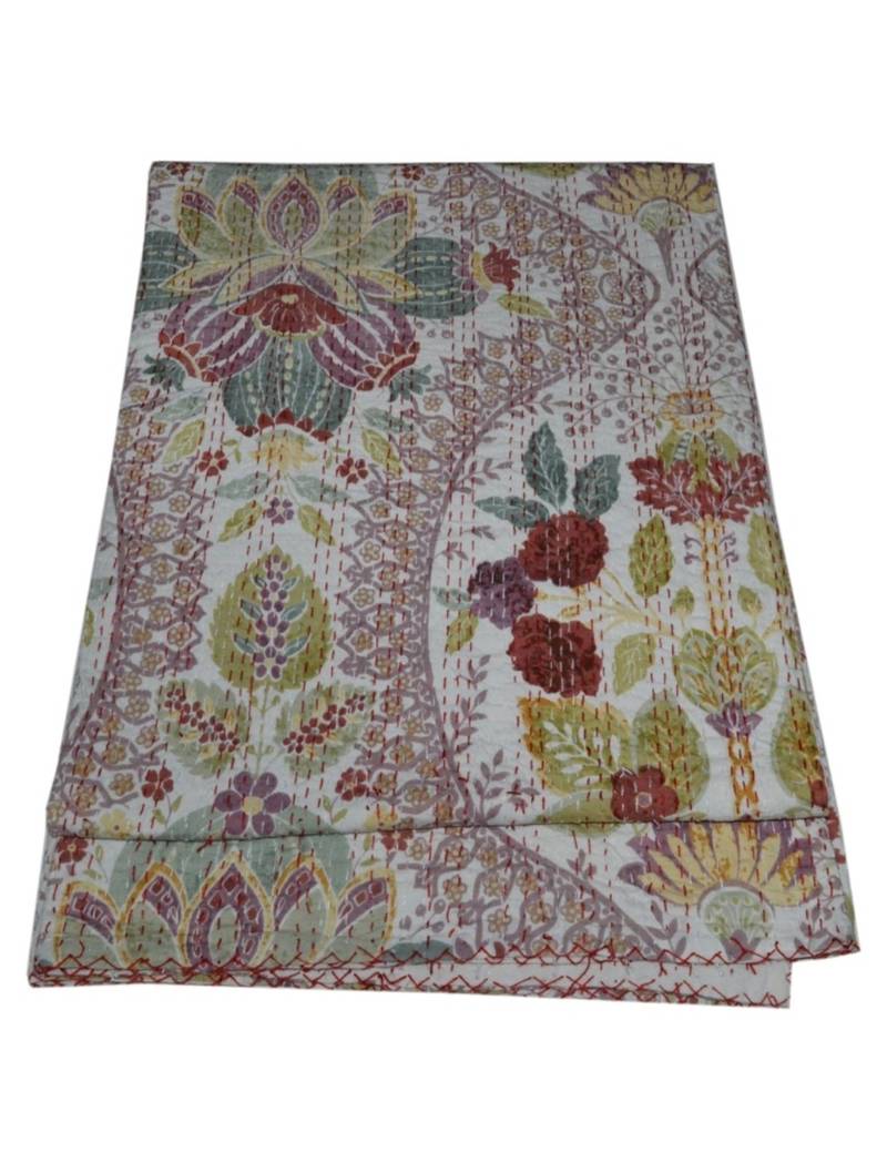 Kantha Quilt Queen Cotton Vintage Throw Blanket Multi Design Indian Handmade GDR0448