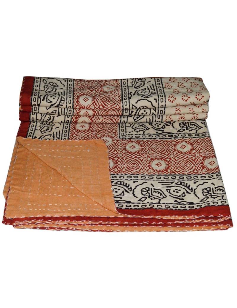 Kantha Quilt Queen Cotton Vintage Throw Blanket Multi Design Indian Handmade GDR0455