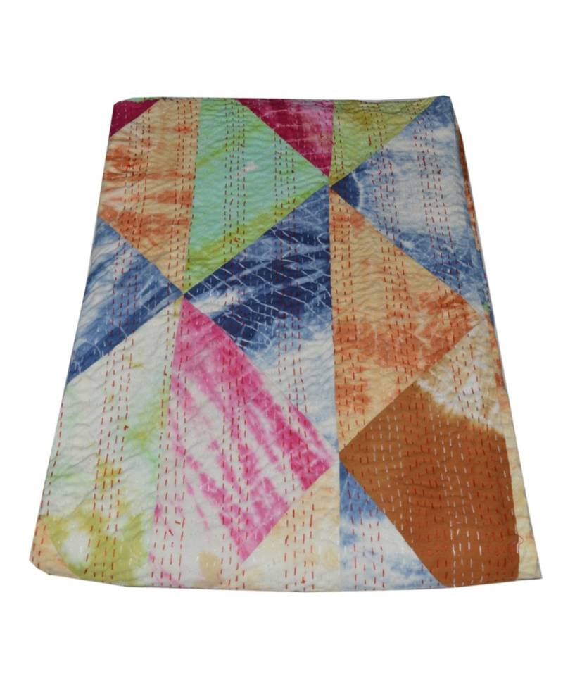 Kantha Quilt Queen Cotton Vintage Throw Blanket Multi Design Indian Handmade GDR0457