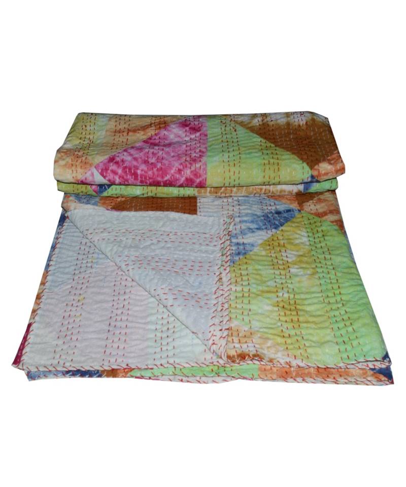 Kantha Quilt Queen Cotton Vintage Throw Blanket Multi Design Indian Handmade GDR0457