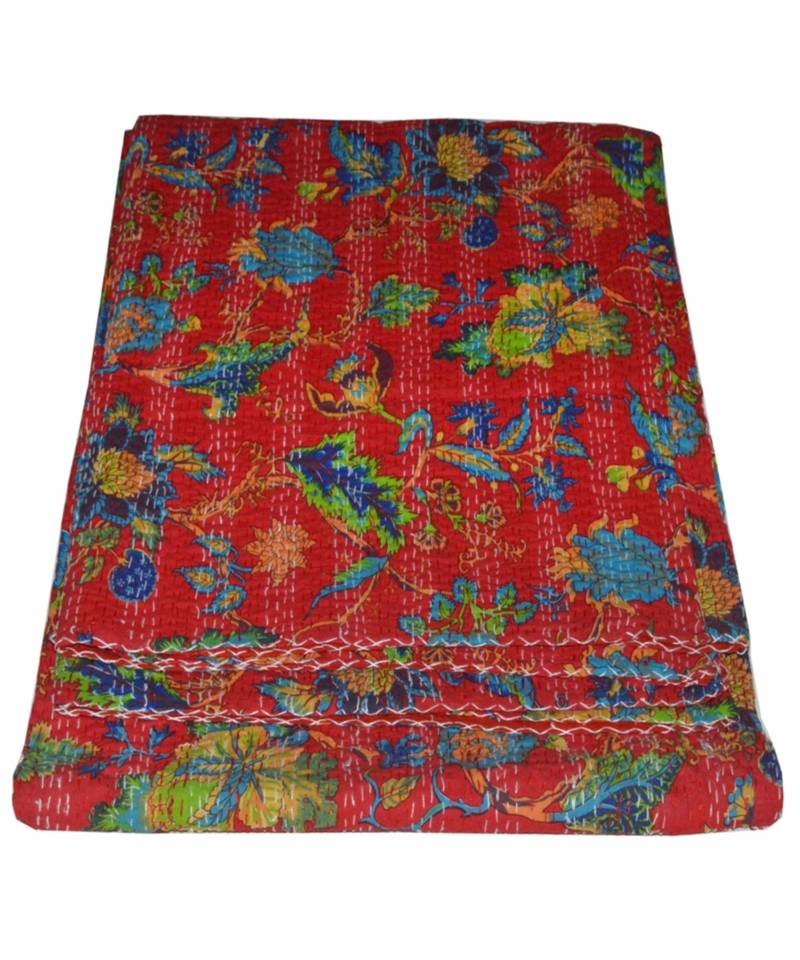 Kantha Quilt Queen Cotton Vintage Throw Blanket Multi Design Indian Handmade GDR0479