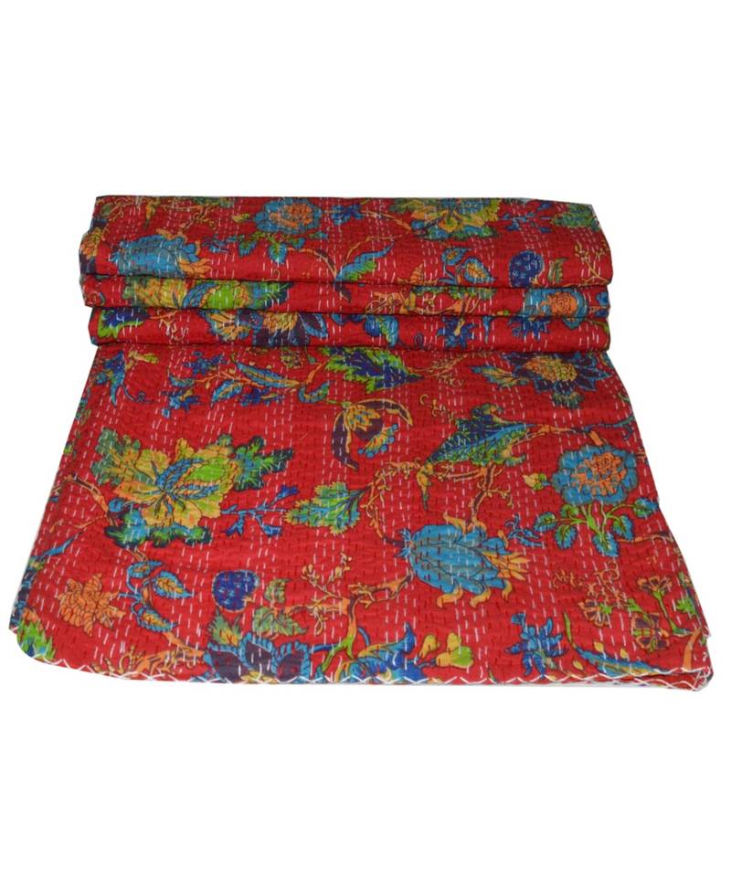 Kantha Quilt Queen Cotton Vintage Throw Blanket Multi Design Indian Handmade GDR0479