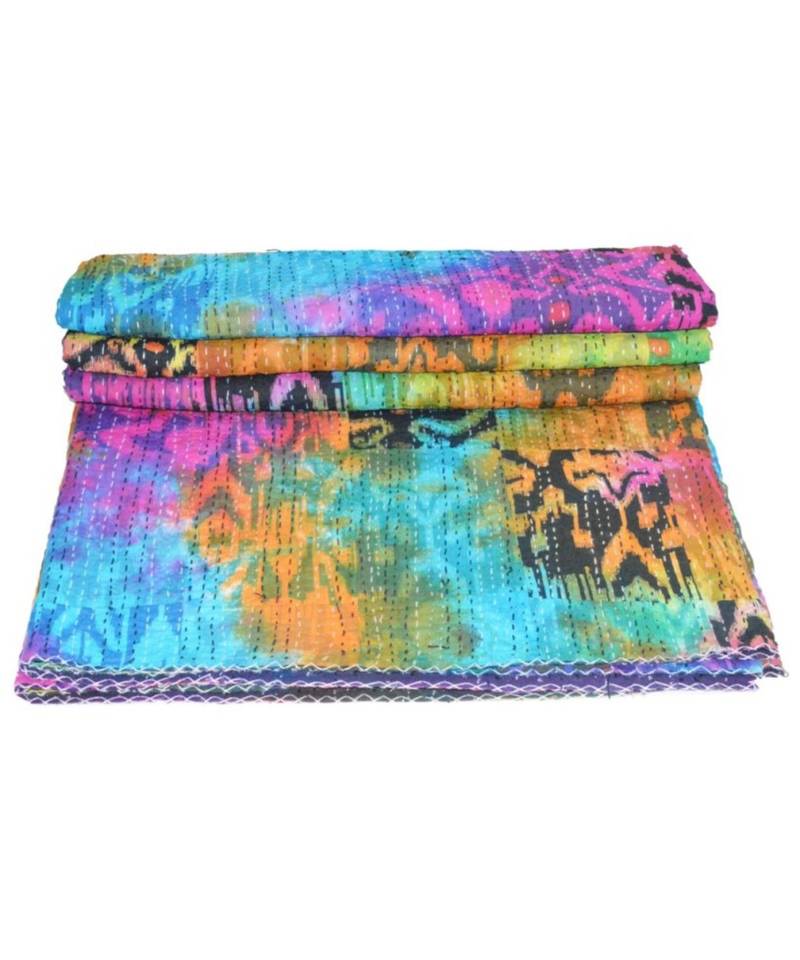 Kantha Quilt Queen Cotton Vintage Throw Blanket Multi Design Indian Handmade GDR0512