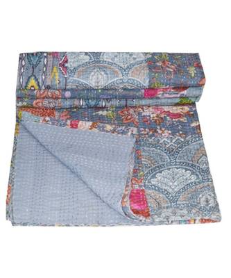 Kantha Quilt Queen Cotton Vintage Throw Blanket Multi Design Indian Handmade GDR0553 1