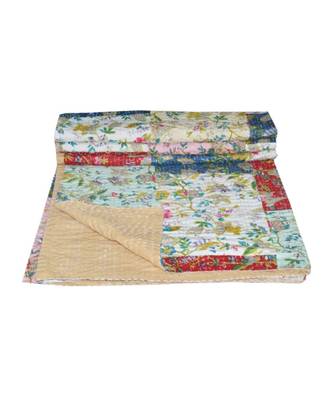 Kantha Quilt Queen Cotton Vintage Throw Blanket Multi Design Indian Handmade GDR0583 1