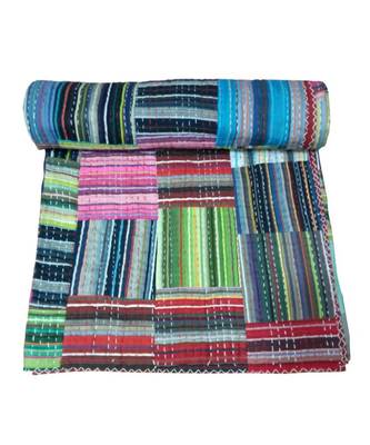 Kantha Quilt Queen Cotton Vintage Throw Blanket Multi Design Indian Handmade GDR0602 1