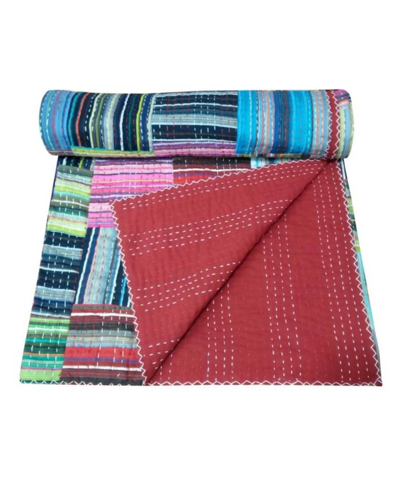 Kantha Quilt Queen Cotton Vintage Throw Blanket Multi Design Indian Handmade GDR0602