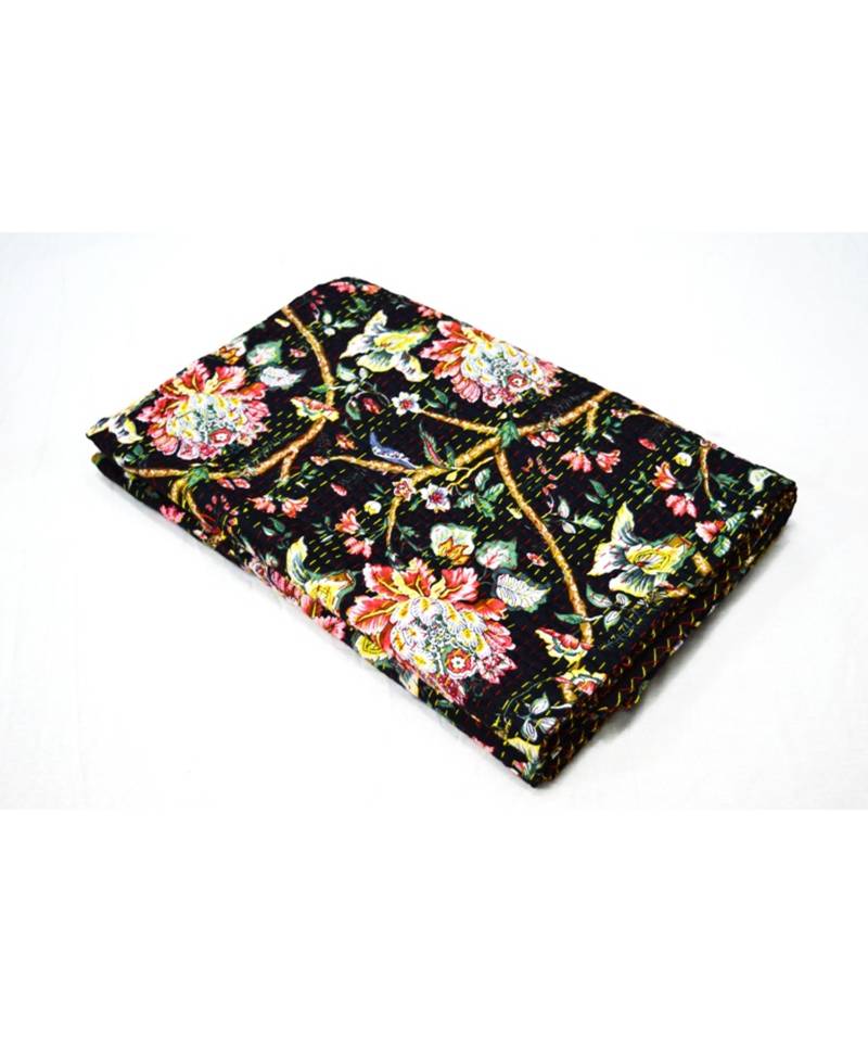 Kantha Quilt Queen Cotton Vintage Throw Blanket Multi Design Indian Handmade GDR0606