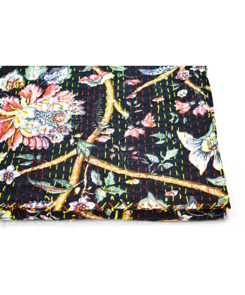 Kantha Quilt Queen Cotton Vintage Throw Blanket Multi Design Indian Handmade GDR0606