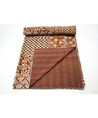 Kantha Quilt Queen Cotton Vintage Throw Blanket Multi Design Indian Handmade GDR0609 1